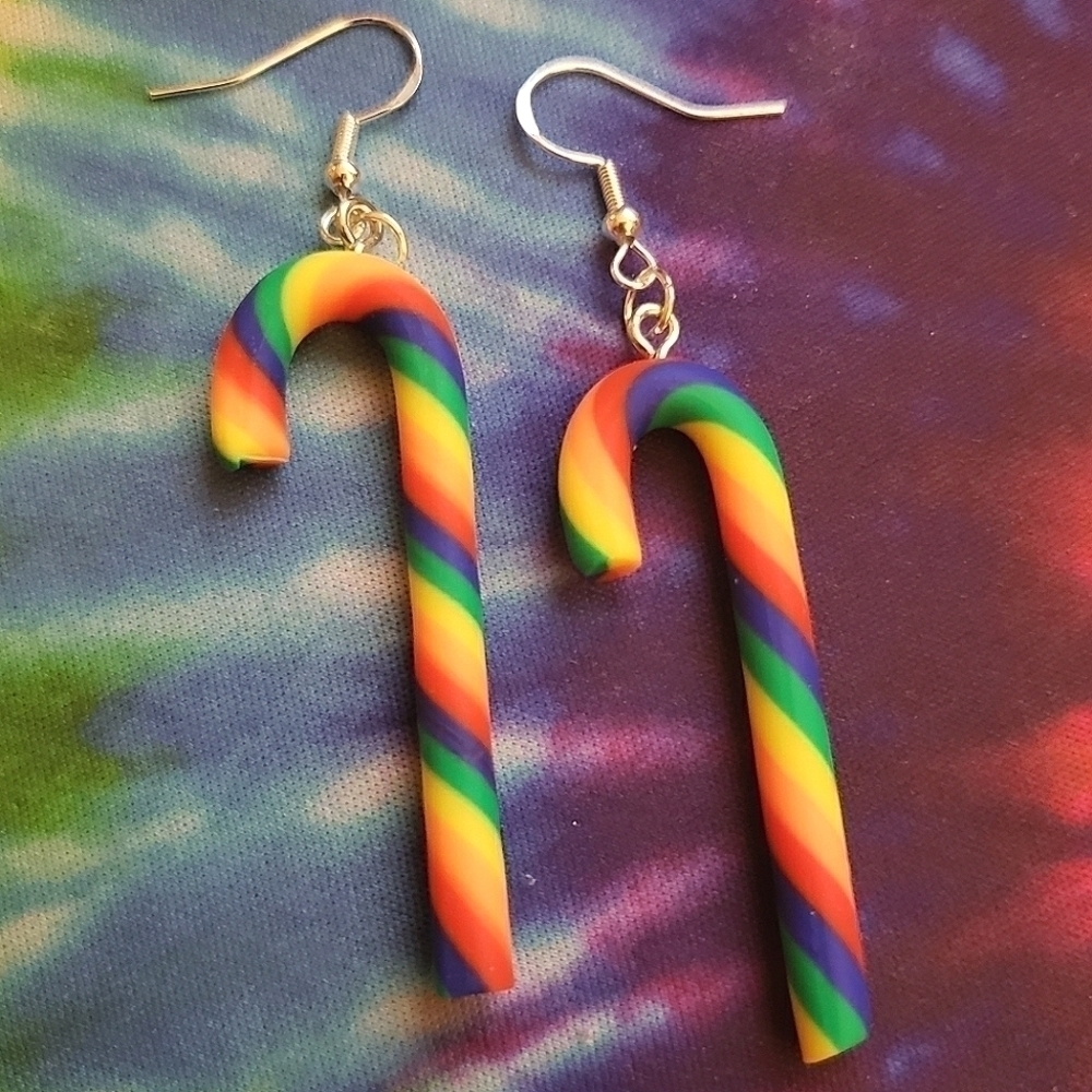 Handmade Rainbow Striped Candy cane Dangle Earrings